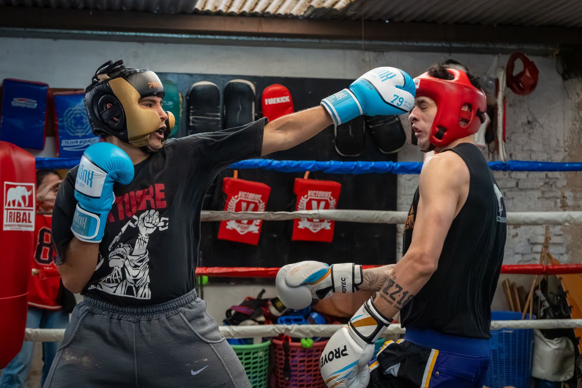 Sparring de boxeo, golpe con guante celeste